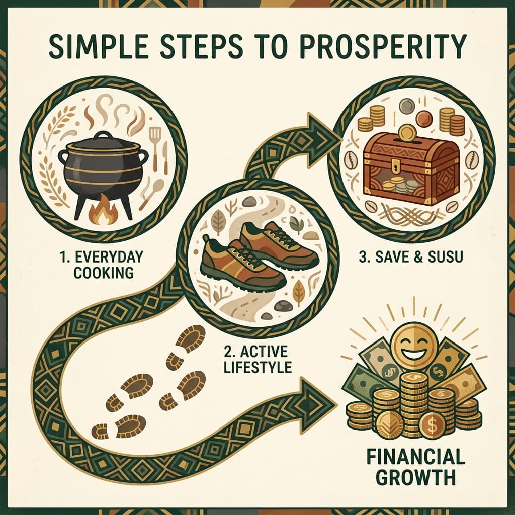 Infographic showing steps to save money: Cooking pot, walking shoes, and a susu box.